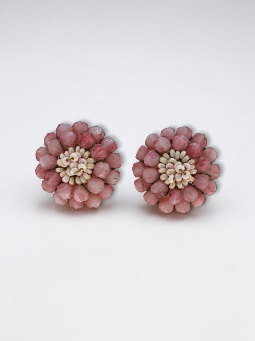 Vogue Pink Glass Beaded Cluster Flower Clip On Earrings Gold Tone Vintage 1960s